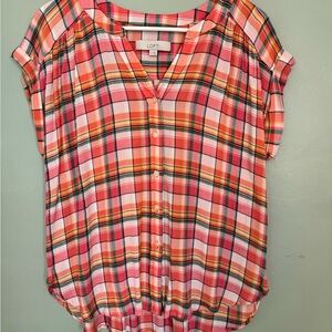 LOFT Pink and White Flutter Sleeve Button Down Top